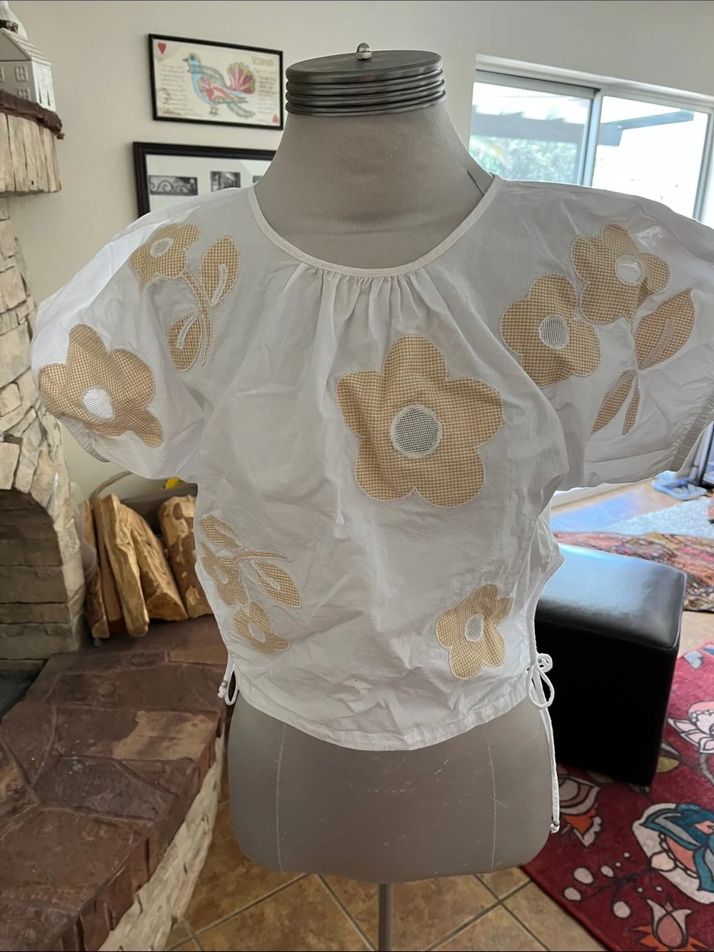 Madewell Embroidered Poplin Puff-Sleeve Cutout Crop Top Size S